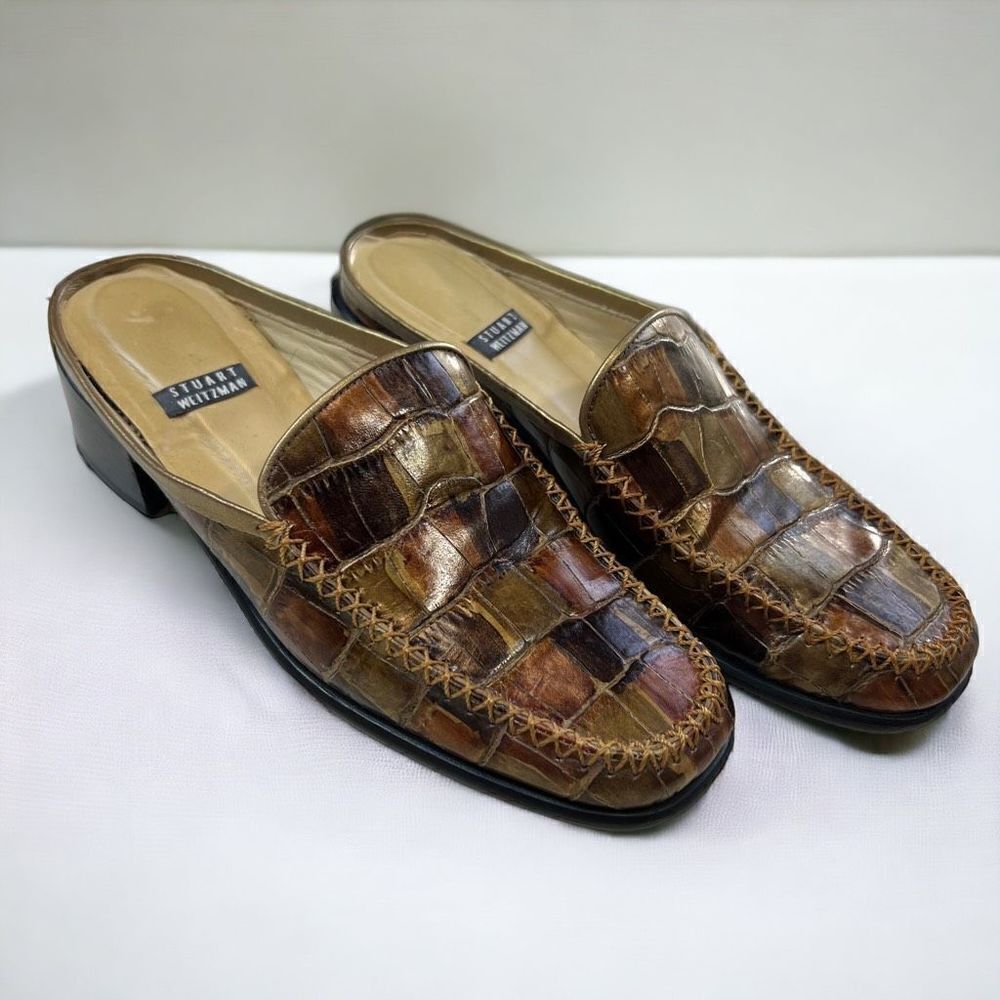 Stuart Weitzman Womens Crocodile Patent Leather Block Heel Mule Shoes Brown Sz 5